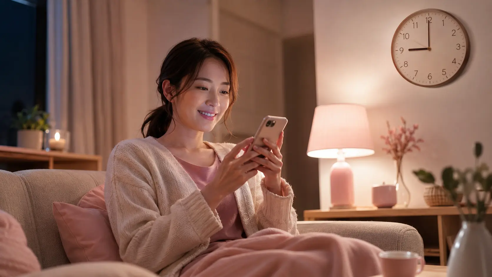 夜の時間帯にスマホでチャットレディをする主婦｜20時〜24時が稼ぎやすい